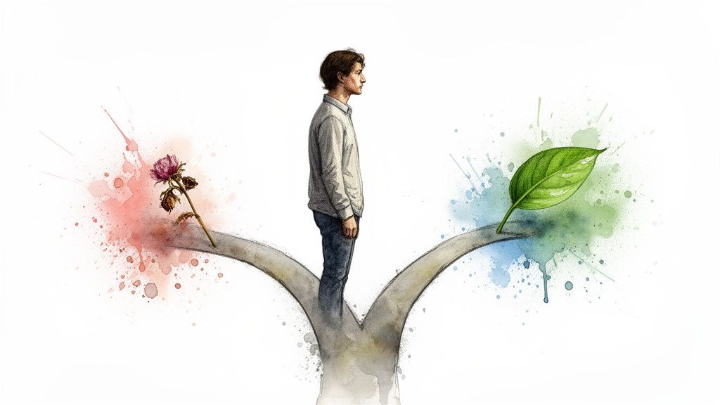 Ein mann steht an einem scheideweg, symbolisiert durch eine verwelkte rose und ein frisches grünes blatt.