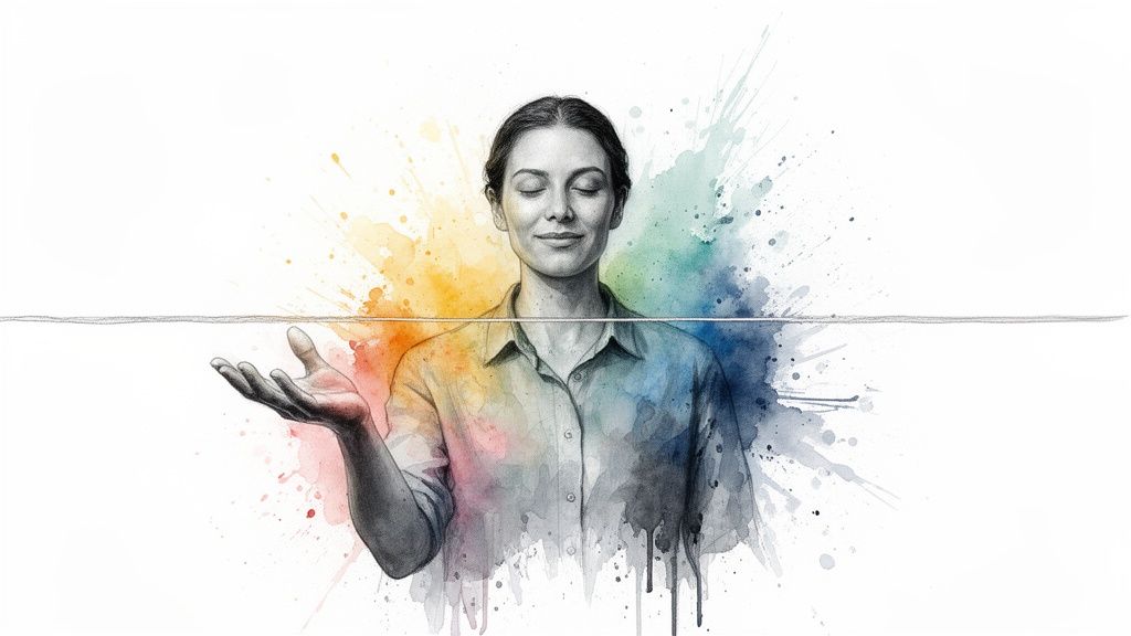 Eine frau in aquarell mit geschlossenen augen und offener hand, umgeben von farbspritzern und einer waagerechten linie, die balance symbolisiert.