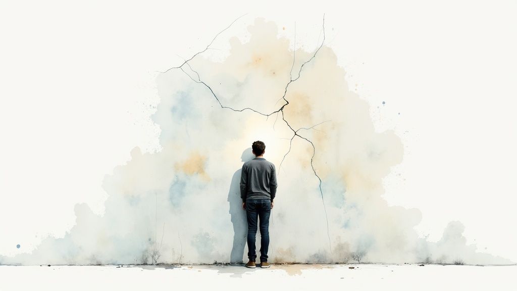 Innere blockaden lösen für mehr emotionale freiheit Eine person steht vor einer unsichtbaren wand, die das licht bricht und ihre sicht auf eine helle landschaft versperrt.