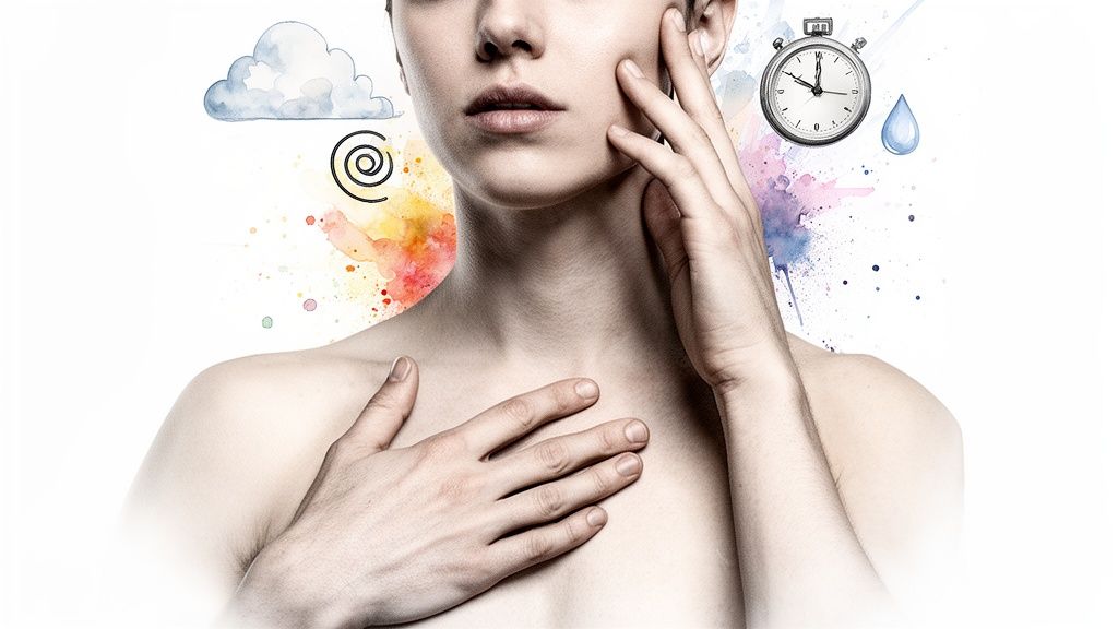 Detailaufnahme einer person, die ihr gesicht und ihre brust berührt, mit stilisierten aquarell- und zeitsymbolen.