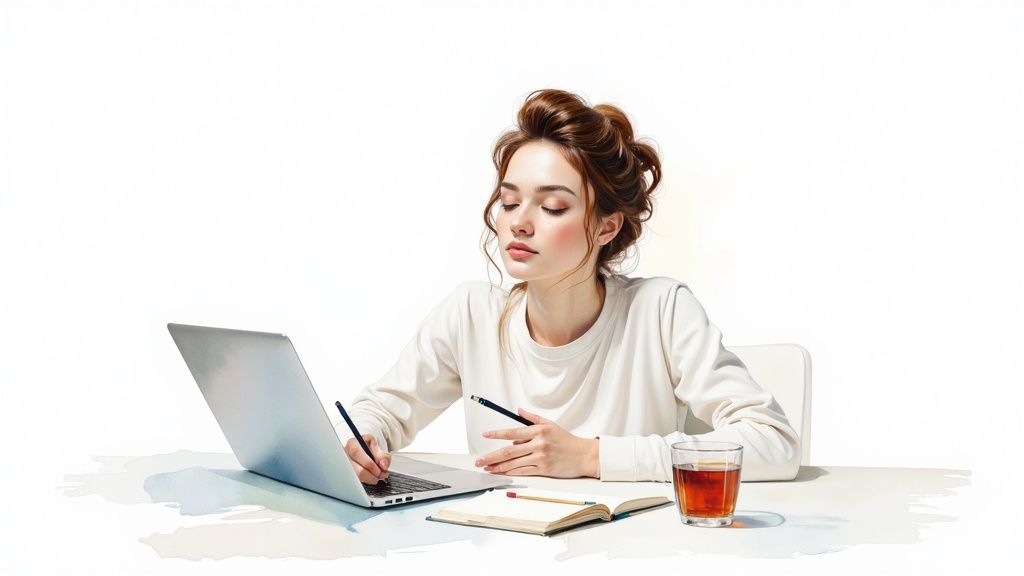 Work-life-balance verbessern: wege zu innerer ruhe und selbstliebe Eine person sitzt mit gekreuzten beinen auf einer yogamatte am boden, umgeben von pflanzen, und übt achtsamkeit.