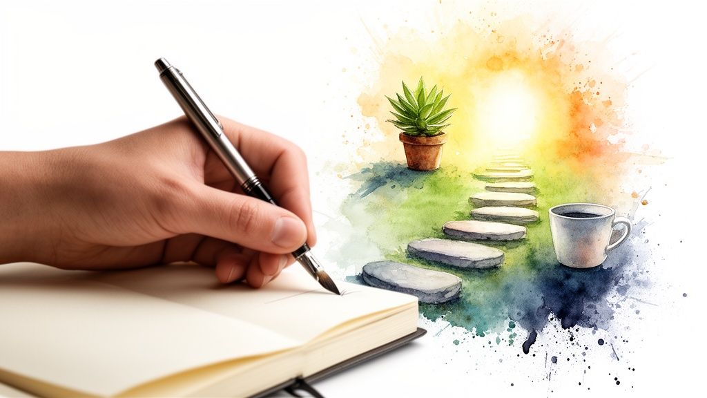 Eine hand schreibt in ein notizbuch, daneben eine aquarell-illustration mit trittsteinen, pflanze und hellem licht.