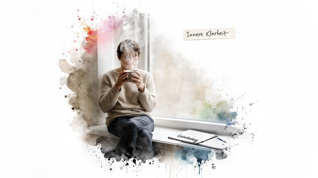 Eine person sitzt nachdenklich am fenster, hält eine dampfende tasse, umgeben von aquarellspritzern und texten wie 'innere klarheit'.