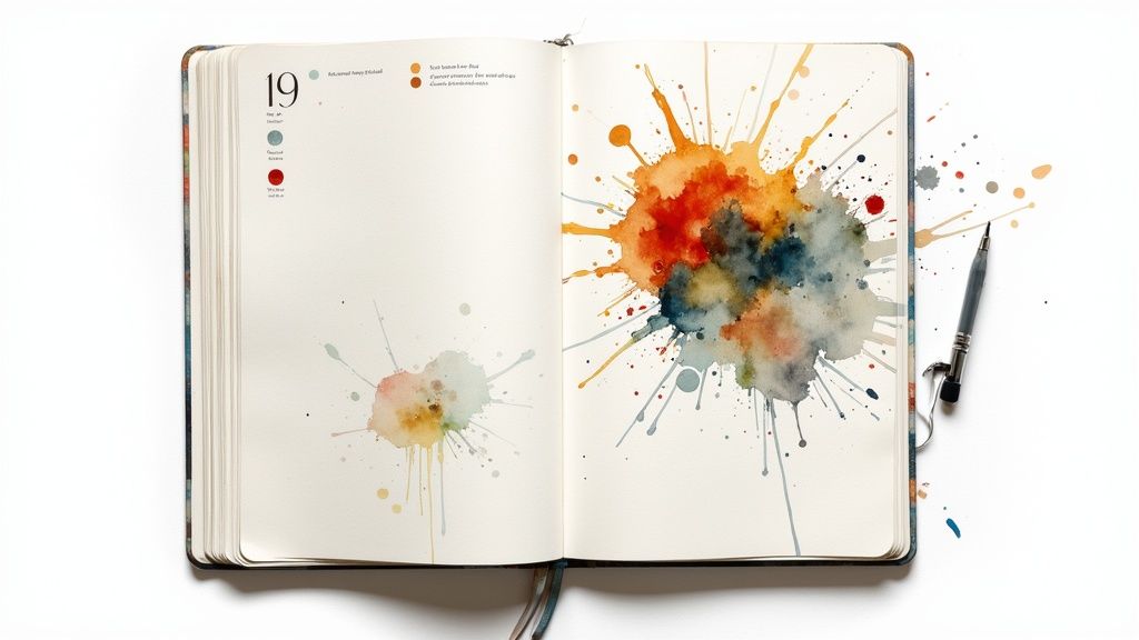 Ein offenes notizbuch mit bunten aquarellfarbspritzern und einem stift auf weißem hintergrund.