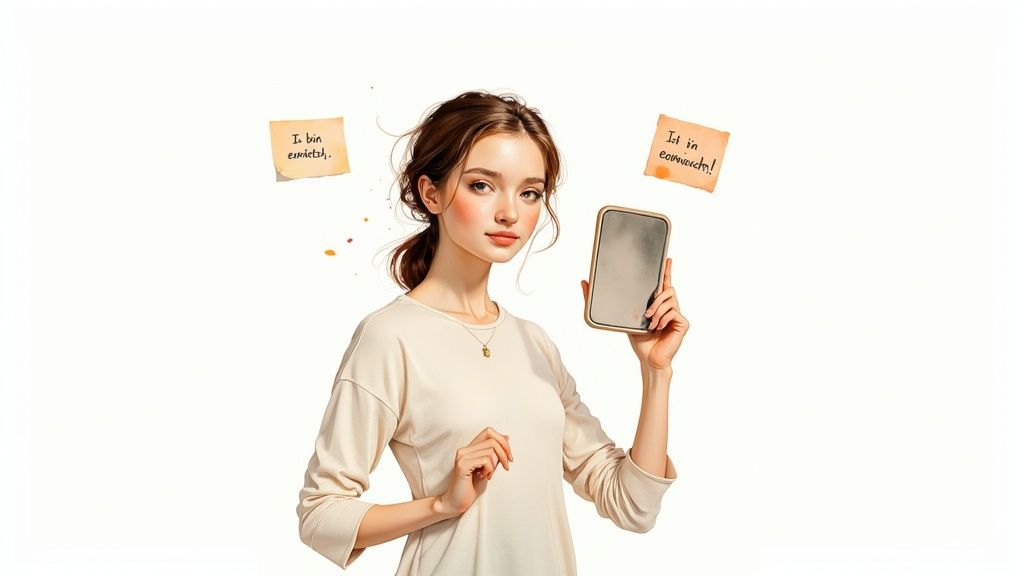 Junge frau hält smartphone mit notizen für selbstwert stärken und persönliche entwicklung übungen