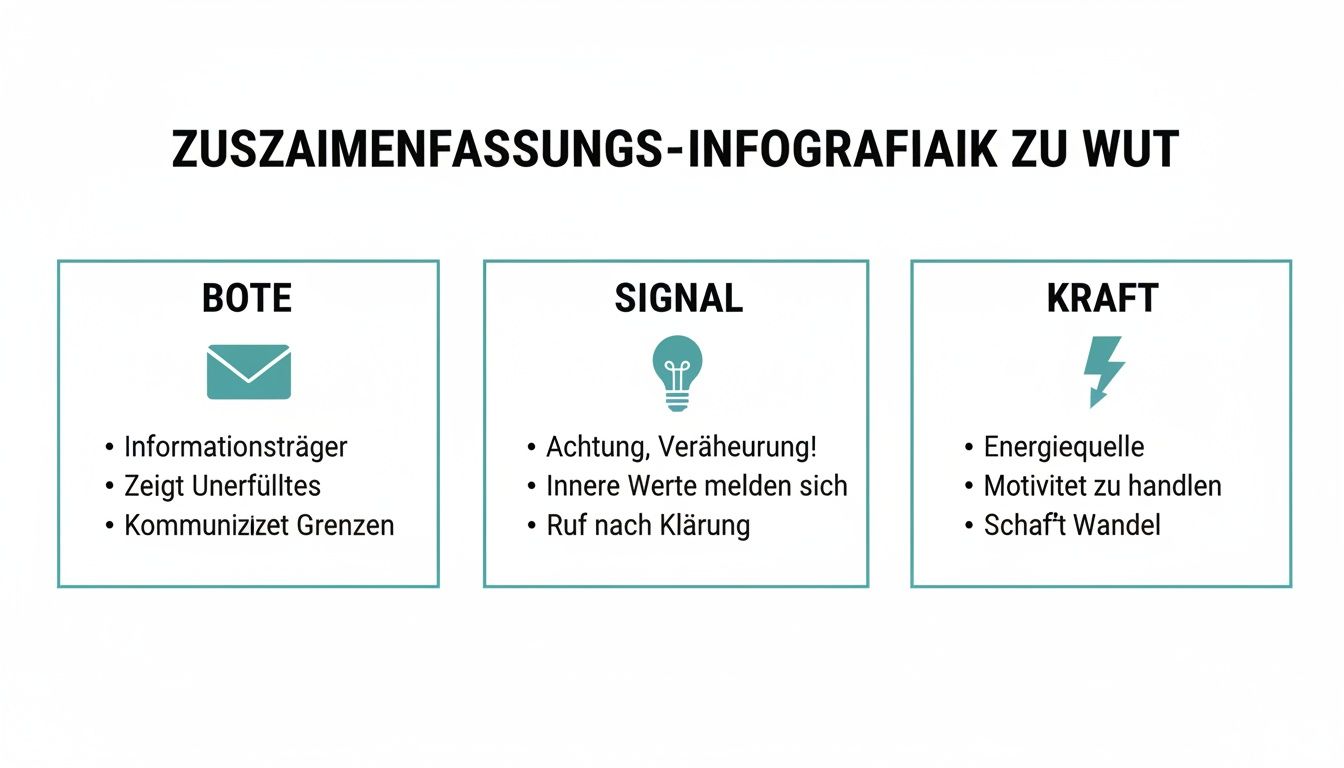 Infografik zu wut als bote, signal und kraft, mit detaillierten beschreibungen ihrer jeweiligen funktionen.