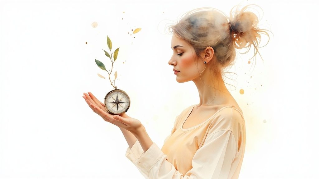 Eine person sitzt meditierend an einem ruhigen see, was innere ruhe und die wiederverbindung mit sich selbst symbolisiert.