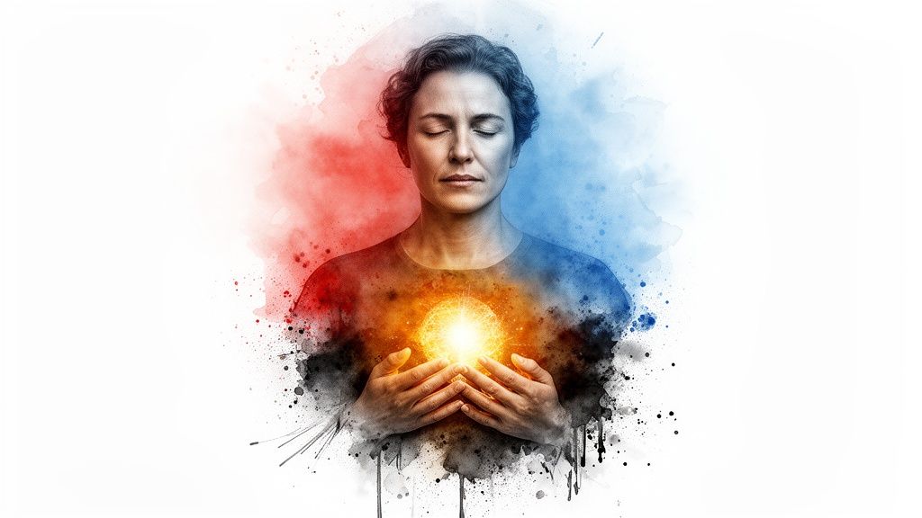 Eine person meditiert ruhig mit geschlossenen augen, ein hell leuchtender ball in ihrer brust, umgeben von roten und blauen farbspritzern.