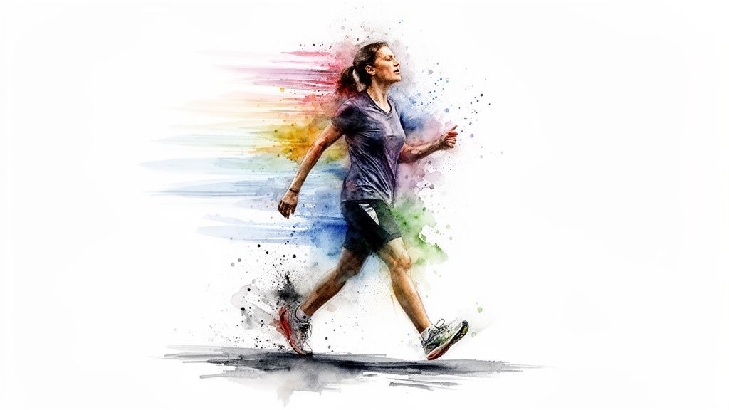 Eine frau in sportkleidung läuft mit farbigen streifen und spritzern, die bewegung symbolisieren.