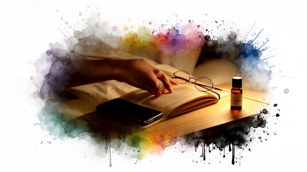 Hand auf offenem buch, daneben handy, brille und ölflasche für eine entspannende abendroutine.