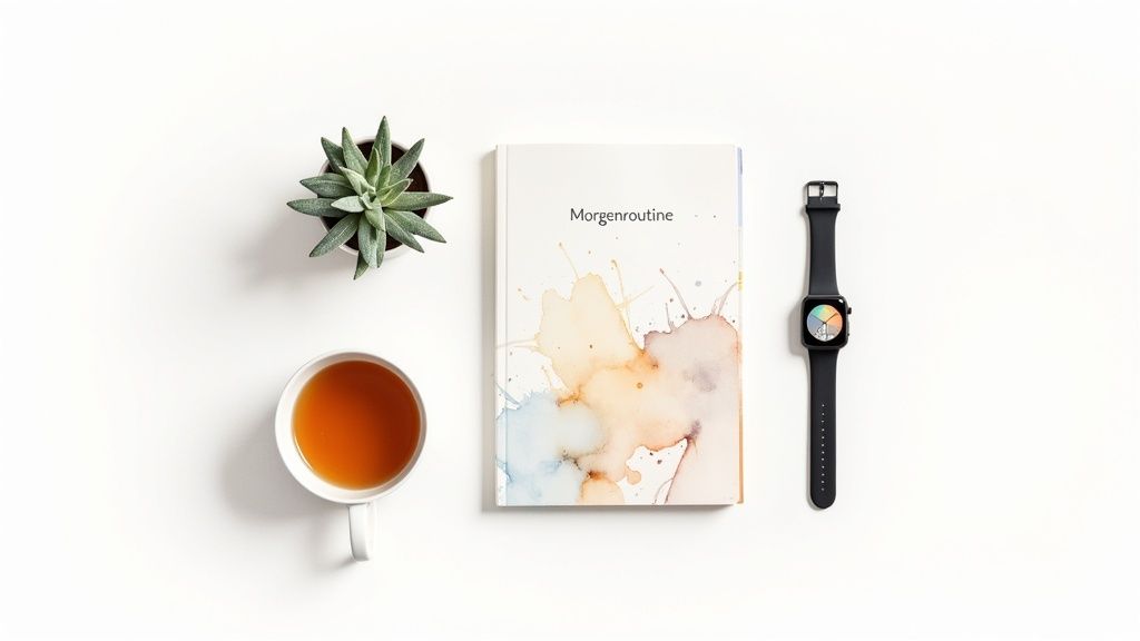 Overhead-ansicht einer morgenroutine-anordnung: teetasse, sukkulente, notizbuch und smartwatch auf weißem hintergrund.