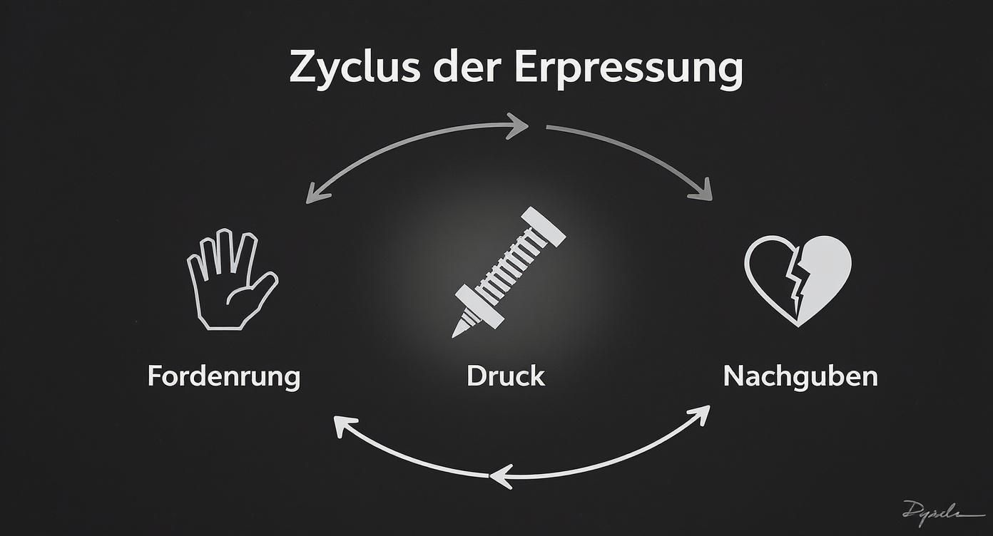 Infografik, die den zyklus der emotionalen erpressung mit den phasen forderung, druck und nachgeben in einem kreislauf darstellt.