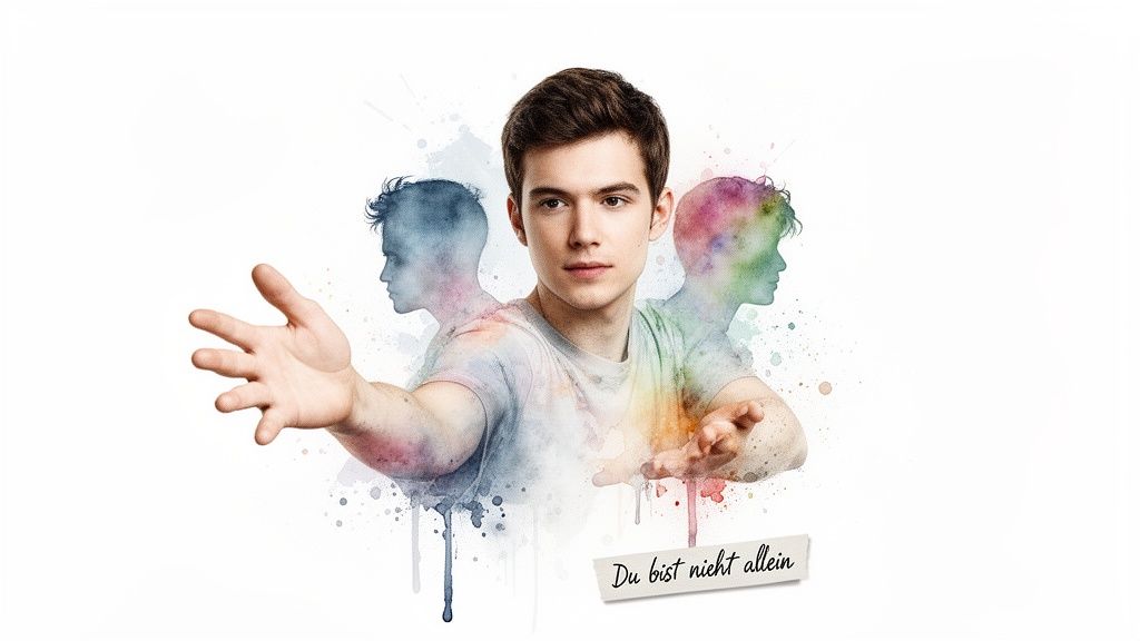 Junger mann mit ausgestreckten händen und schattenfiguren, umgeben von aquarellfarben und dem text 'du bist nicht allein'.