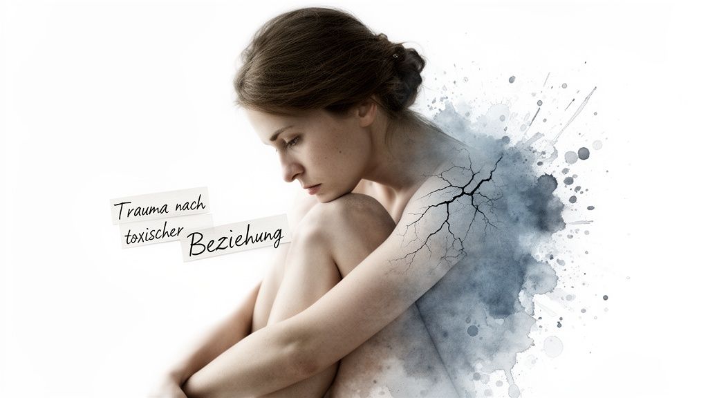 Trauma nach toxischer beziehung: heilungsschritte für ein neues vertrauen Junge frau leidet nach toxischer beziehung, ihr körper zeigt risse und verblassen als zeichen des traumas.