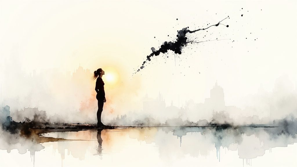 Eine person sitzt nachdenklich am fenster und schaut auf eine ruhige, neblige landschaft, was den moment der klarheit nach einem emotionalen sturm symbolisiert.