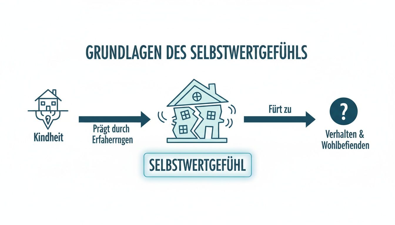 Diagramm: kindheitserfahrungen prägen das selbstwertgefühl, welches verhalten und wohlbefinden beeinflusst.