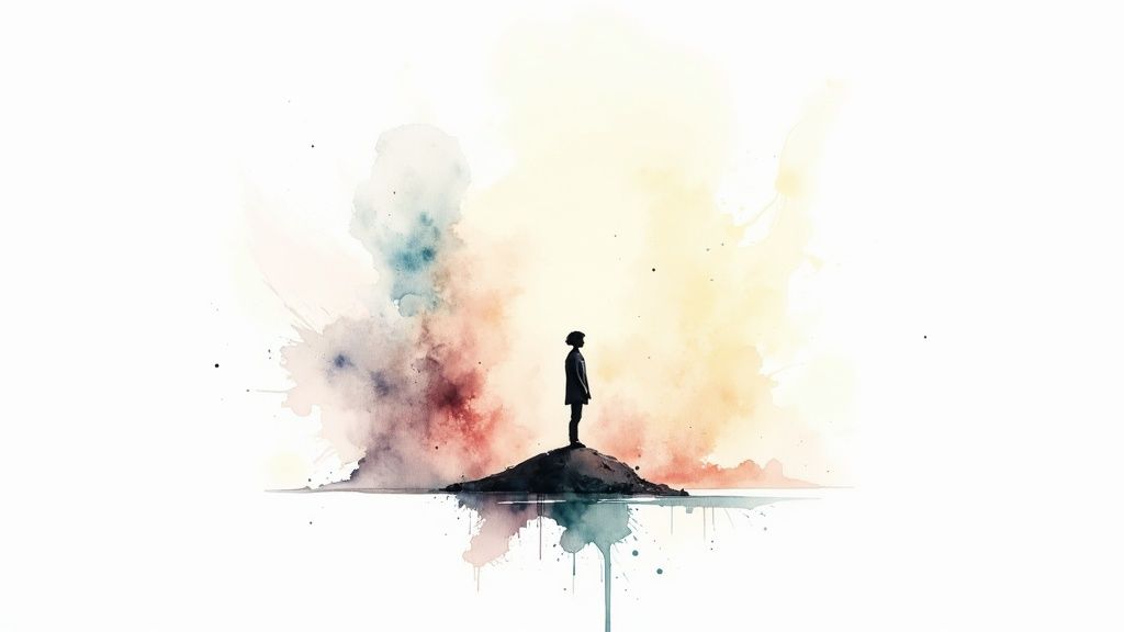 Eine einsame gestalt steht auf einem hügel, umgeben von farbenfrohen aquarellspritzern, die nachdenklichkeit symbolisieren.