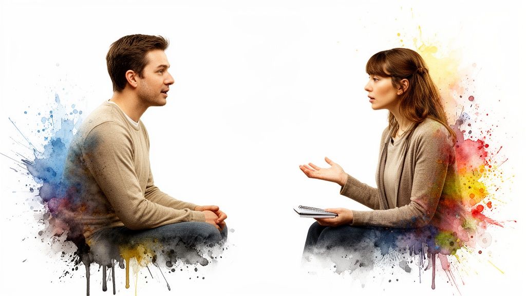 Mann und frau im gespräch mit bunten aquarell-effekten, symbolisiert kommunikation und emotionen.