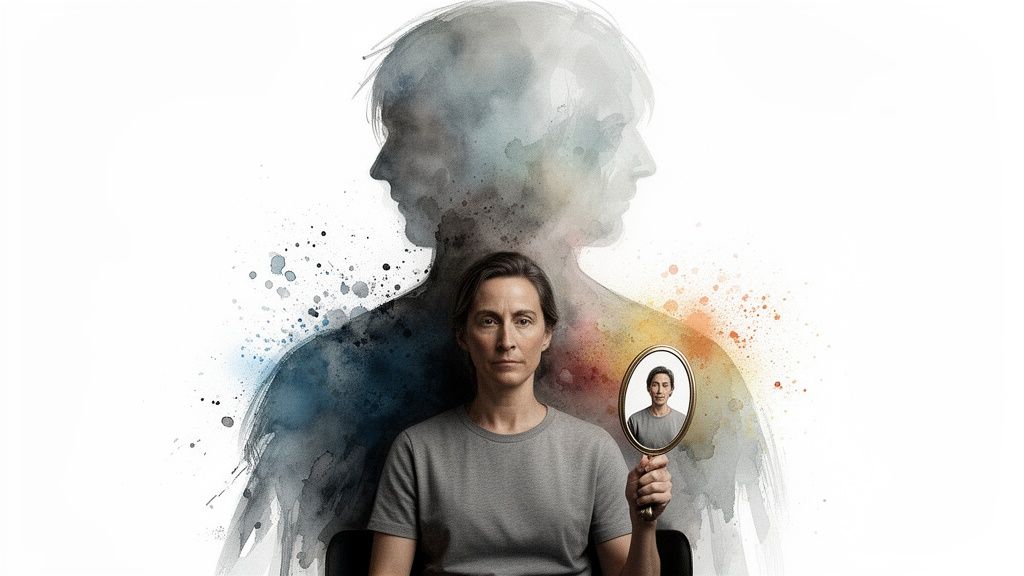 Eine frau blickt in einen spiegel, der ihr eigenes spiegelbild zeigt, vor einer verschwommenen silhouette.