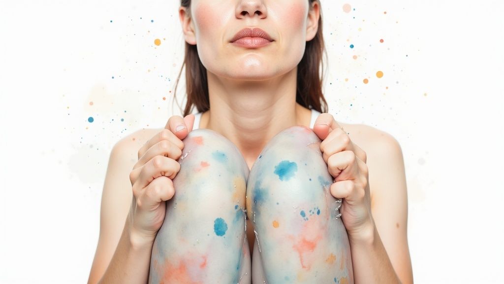 Frau hält bemalte arme vor sich mit bunten farbflecken auf weißem hintergrund
