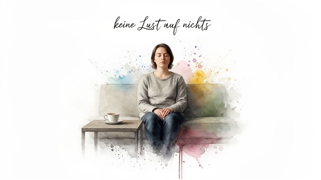 Aquarellbild einer frau, die auf einer couch sitzt, augen geschlossen, umgeben von farbspritzern. Vermittelt ruhe oder erschöpfung.