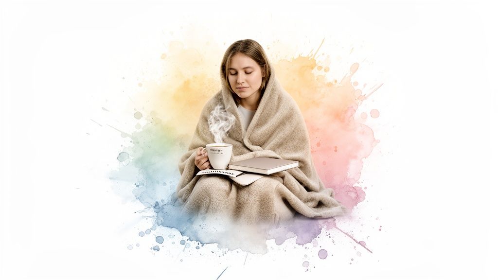 Junge frau in gemütlicher decke, hält dampfende tasse, liest buch vor farbigem aquarellhintergrund.