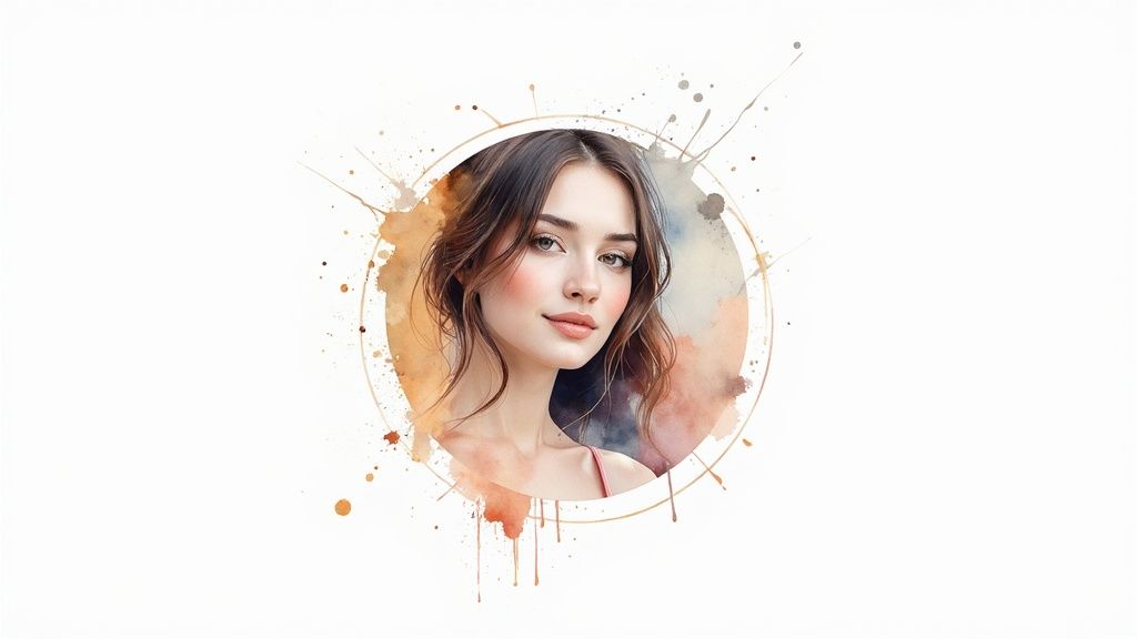 Porträt einer jungen frau im aquarellstil, umgeben von farbspritzern auf weißem hintergrund.