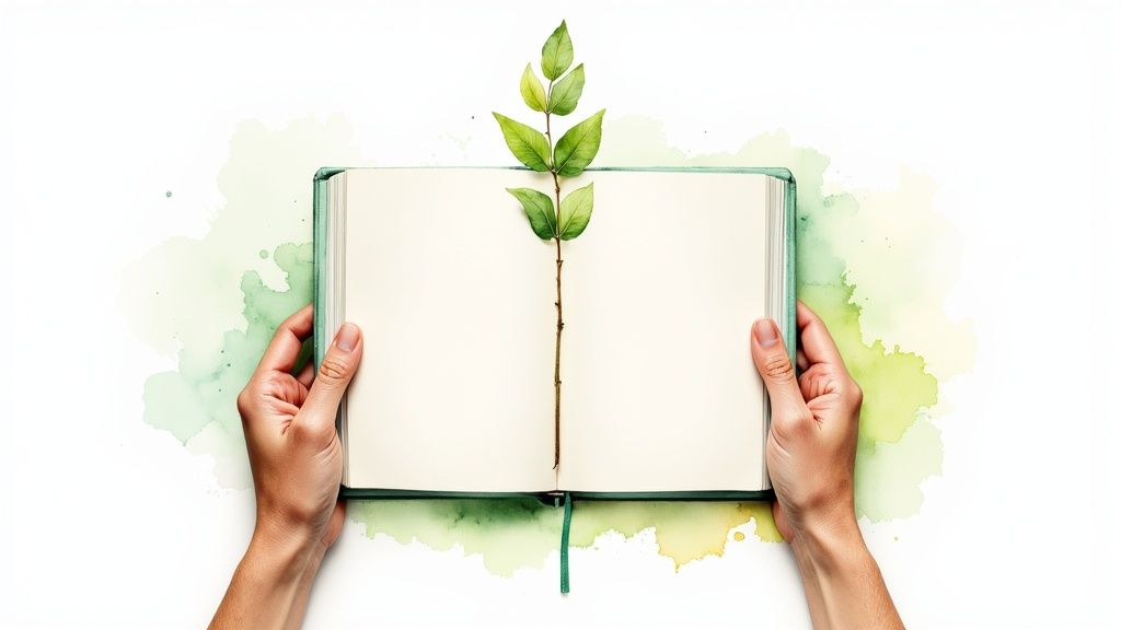 Hände halten offenes notizbuch mit wachsender pflanze symbolisiert persönliches wachstum und selbstreflexion
