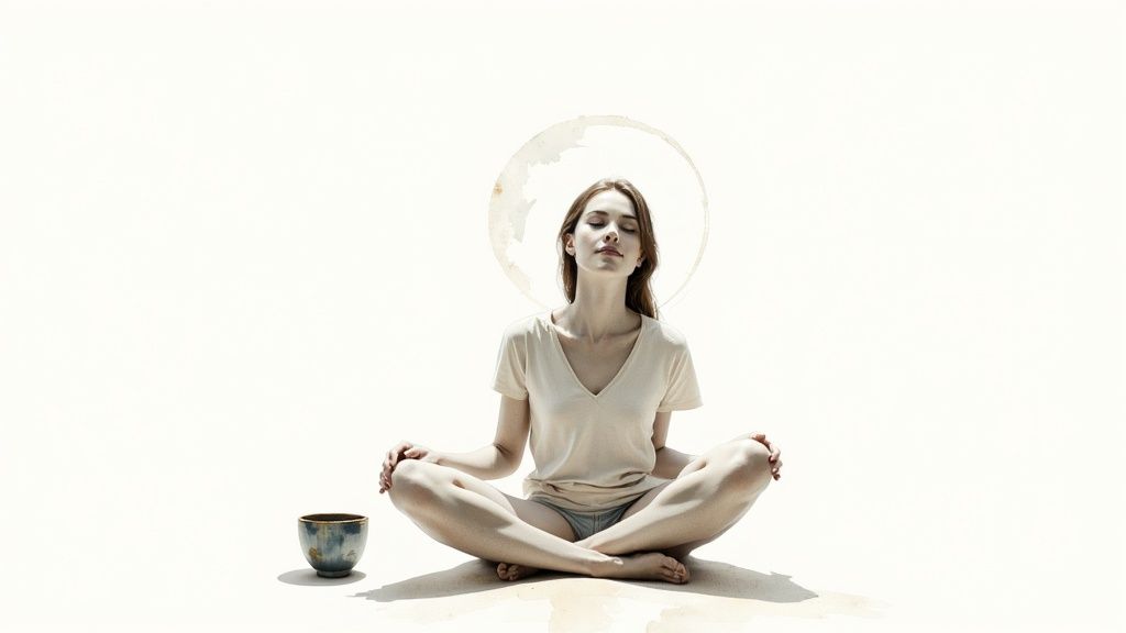 Eine frau meditiert im lotussitz mit geschlossenen augen, umgeben von kaffeeflecken, auf hellem hintergrund.