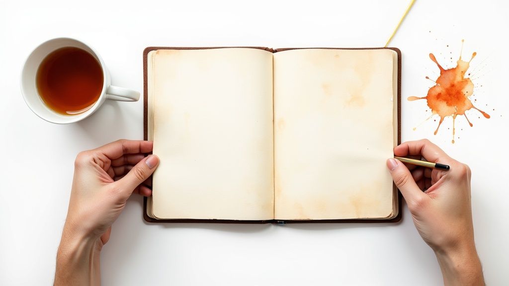 Hände halten ein leeres notizbuch, daneben eine teetasse, ein stift und ein farbspritzer.