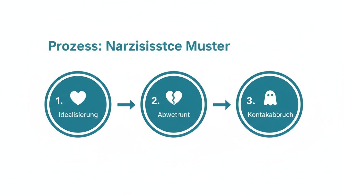 Drei schritte eines narzisstischen musters: idealisation, abwertung (gebrochenes herz), kontaktabbruch (geist).