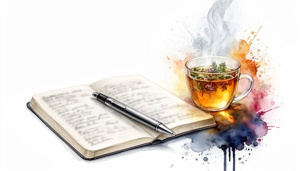 Offenes notizbuch mit stift und dampfender tasse kräutertee, umgeben von bunten aquarellspritzern auf weißem hintergrund.