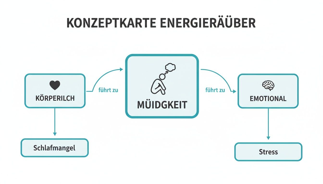 Konzeptkarte über die ursachen von müdigkeit: körperliche faktoren wie schlafmangel und emotionale faktoren wie stress.