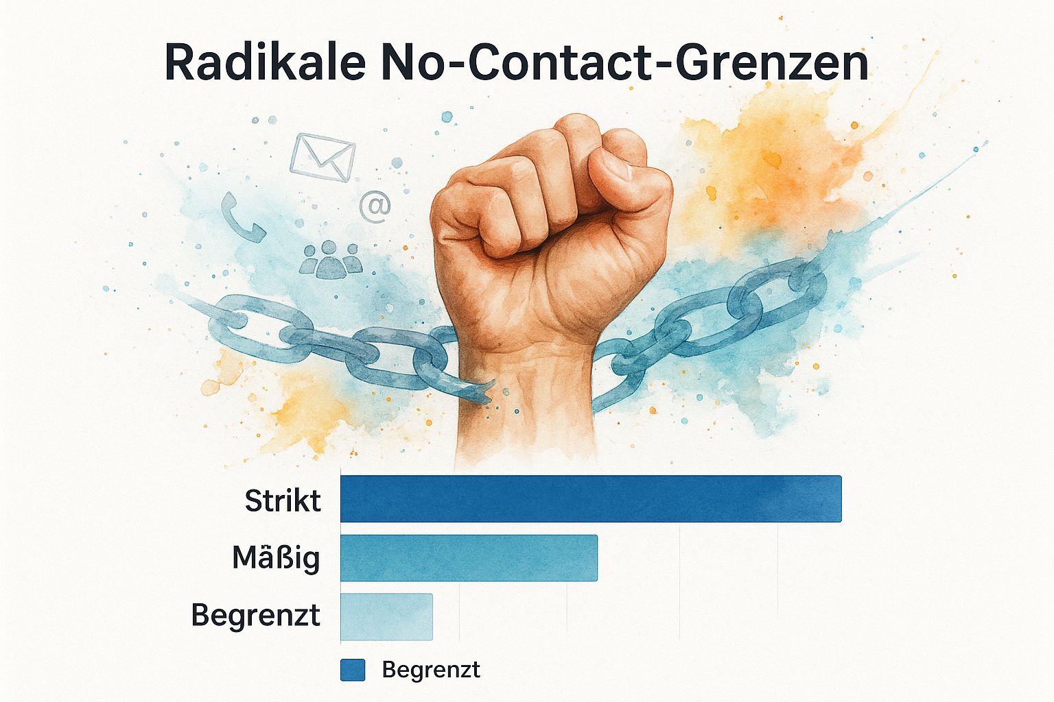 Infografik, die eine hand darstellt, die sich von durchscheinenden aquarell-ketten befreit, umgeben von sich auflösenden digitalen symbolen, was den radikalen kontaktabbruch symbolisiert.