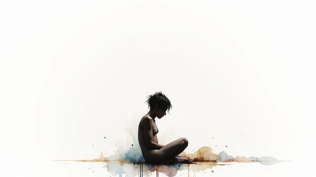 Eine nackte person sitzt auf dem boden, umgeben von aquarellspritzern, minimalistisch und nachdenklich.