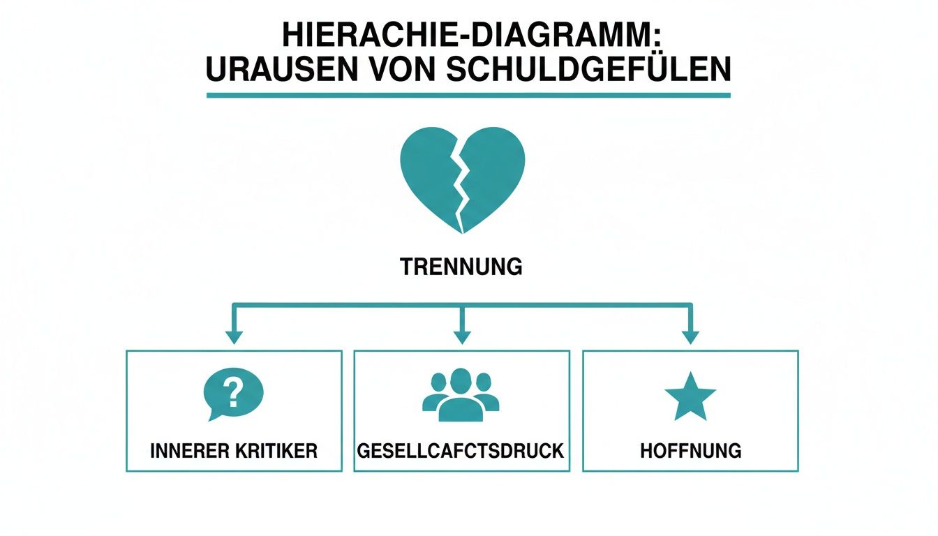 Schuldgefühle nach trennung: wie du lernst, dir selbst zu vergeben Hierarchie-diagramm zu den ursachen von schuldgefühlen nach einer trennung, mit innerem kritiker, gesellschaftsdruck und hoffnung.