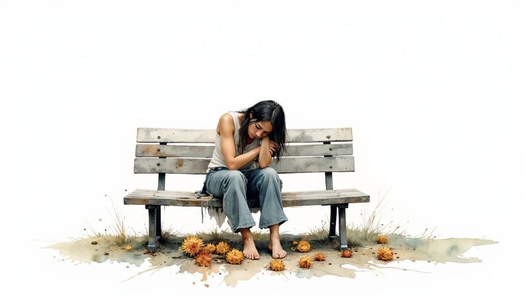 Zwei frauen sitzen auf einer bank, eine tröstet die andere, was die komplexität einer emotional anstrengenden freundschaft symbolisiert.