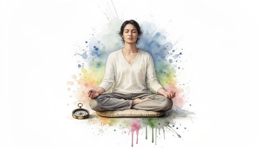 Eine frau meditiert friedlich in lotusposition auf einem kissen, umgeben von bunten aquarellspritzern und einem kompass.