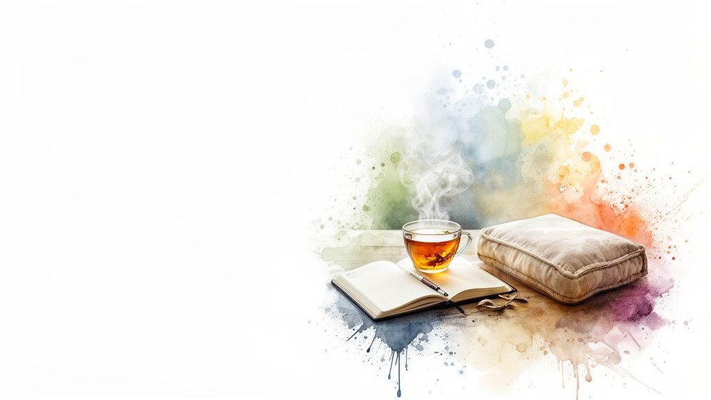 Autogenes training 6 grundübungen: ein weg zu innerer ruhe und stärke Dampfender tee, offenes notizbuch, stift und kissen auf einem holztisch mit bunten aquarellspritzern.