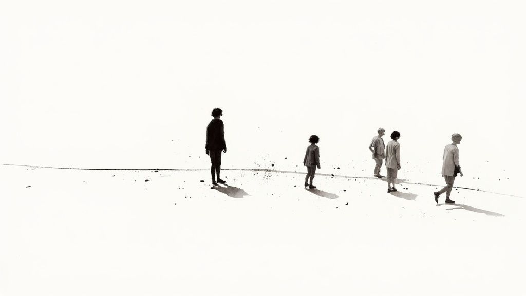 Fünf personen in verschiedenen größen stehen verteilt auf weißer fläche und werfen schatten