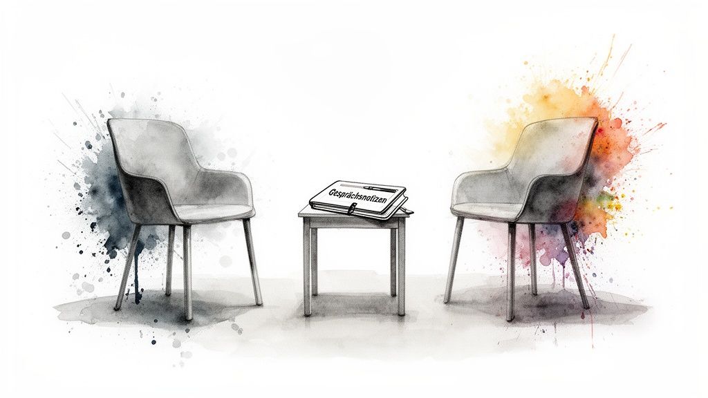 Zwei stühle und ein notizbuch mit 'gesprächsnotizen' auf einem tisch, umgeben von farbspritzern.