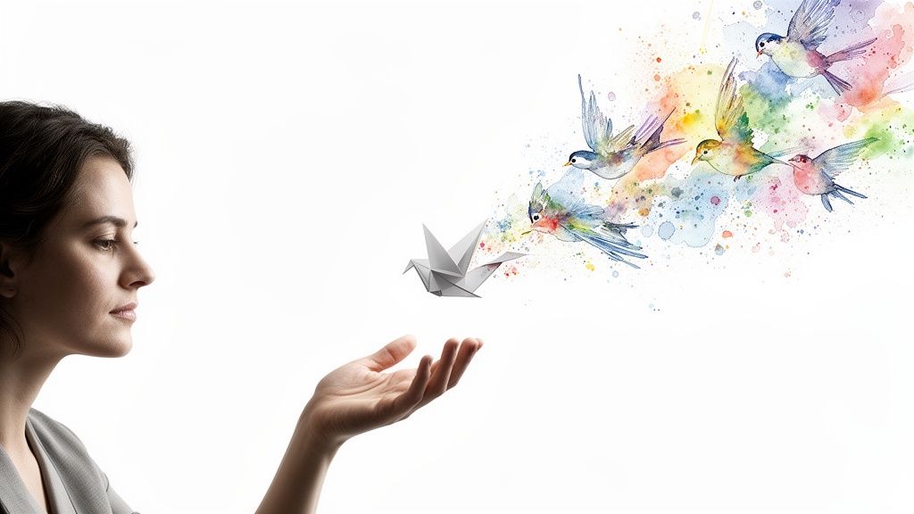 Frau blickt auf eine origami-taube, die sich in farbenfrohe aquarellvögel verwandelt und freiheit symbolisiert.