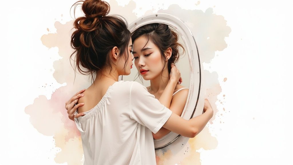Eine frau schaut liebevoll in einen spiegel und umarmt ihr spiegelbild.