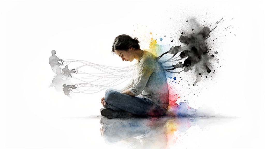 Schuldgefühle nach trennung: wie du lernst, dir selbst zu vergeben Eine frau sitzt mit gesenktem kopf, umgeben von bunten farbspritzern und dunklen, schattenhaften figuren.