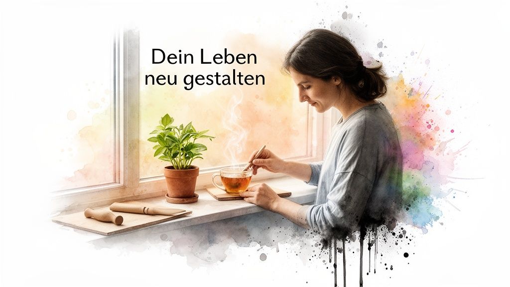 Eine frau rührt tee an einem fenster, mit einer pflanze und dem text "dein leben neu gestalten" inmitten von aquarellspritzern.