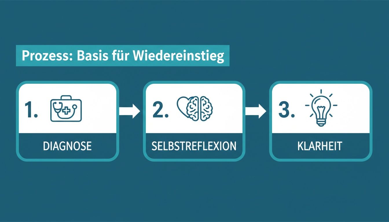 Dreistufiger prozess für den wiedereinstieg nach burnout mit diagnose, selbstreflexion und klarheit.