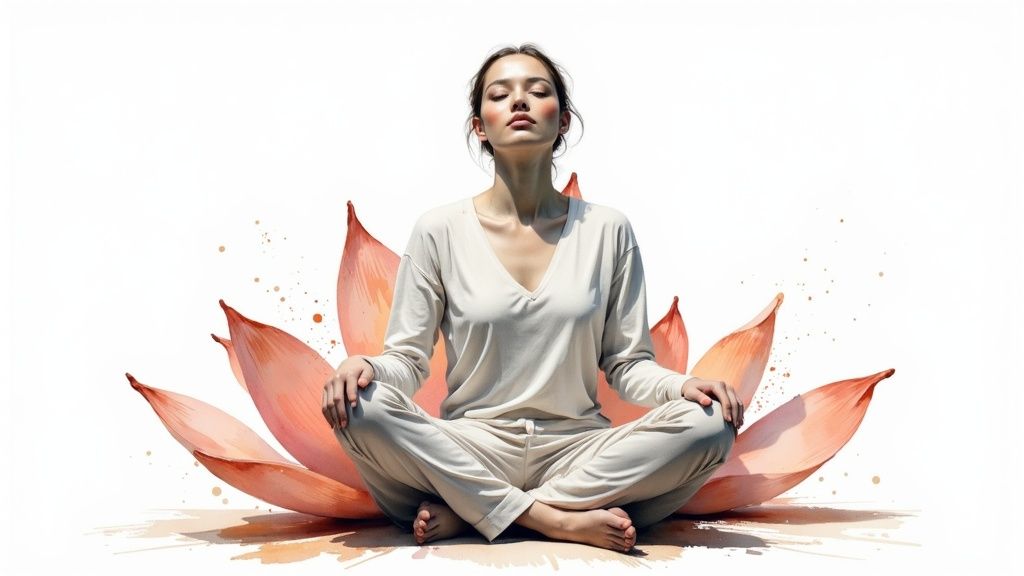Eine frau meditiert friedlich im lotussitz, umgeben von sanften lotusblüten auf weißem hintergrund.