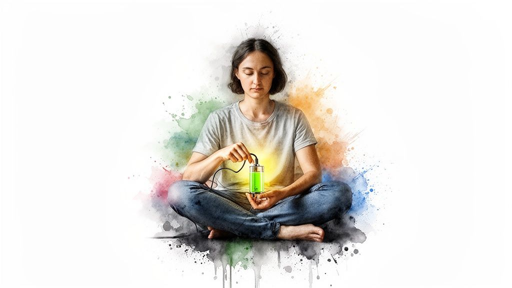 Eine person sitzt im lotussitz, meditiert und lädt sich mit einer grünen, leuchtenden batterie auf, umgeben von farbspritzern.