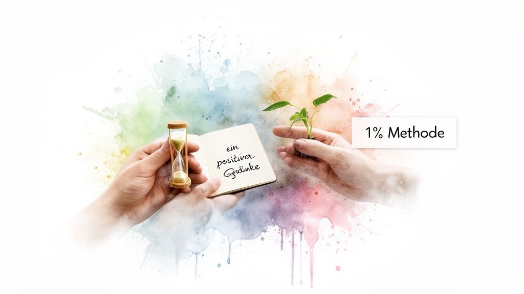 Zwei hände halten eine sanduhr und eine pflanze, umgeben von einem notizbuch mit positivem gedanken und der '1% methode'.