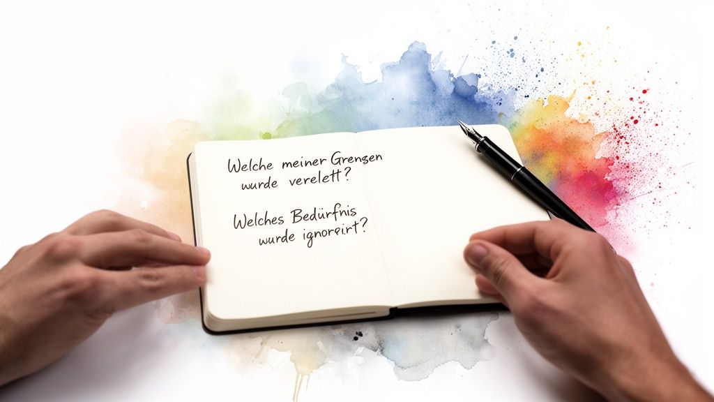 Hände halten ein notizbuch mit fragen zu persönlichen grenzen und bedürfnissen, umgeben von bunten aquarellspritzern.